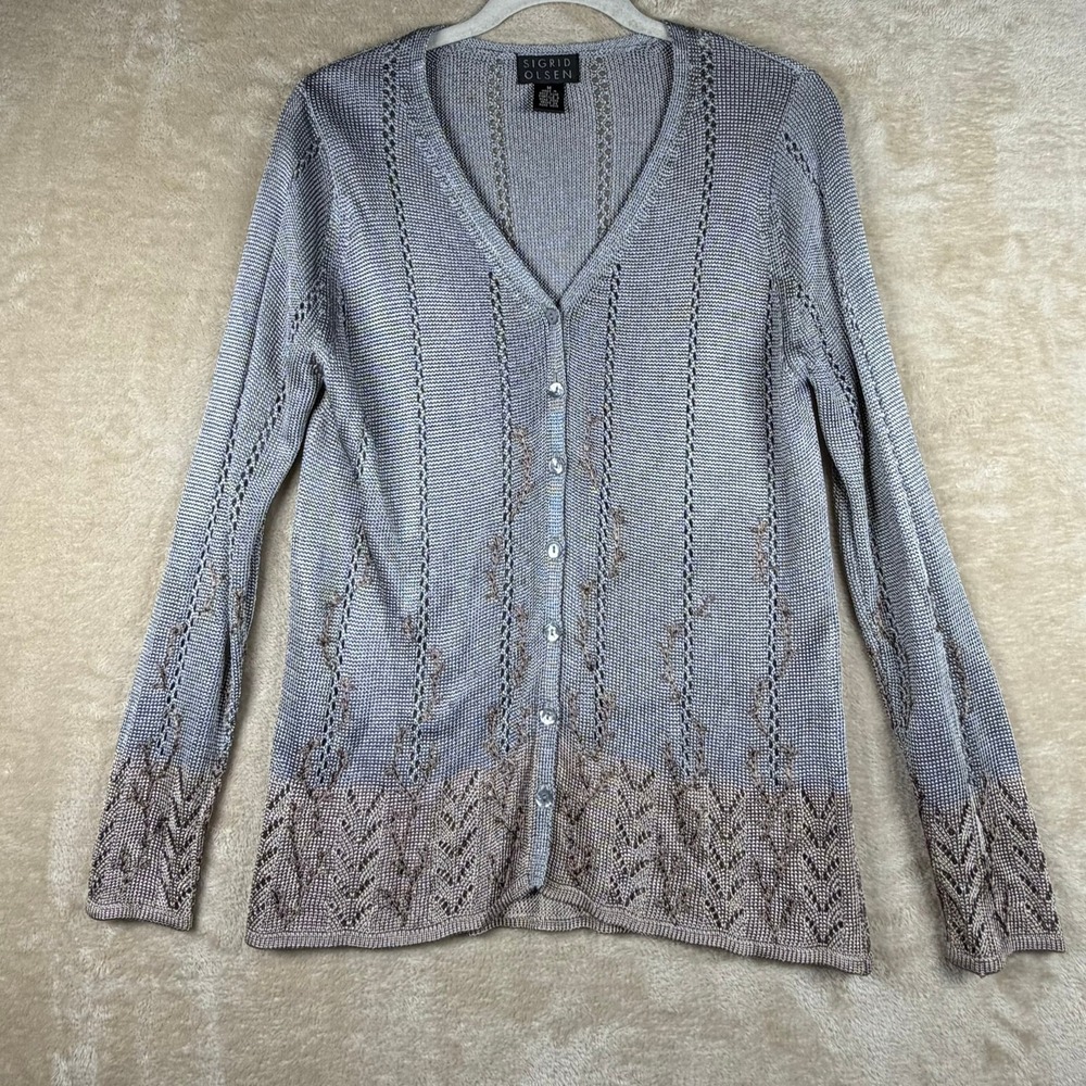 Sigrid Olsen Womens Grey‎ Bronze Ombre Knit Cardigan Sweater V-Neck Medium